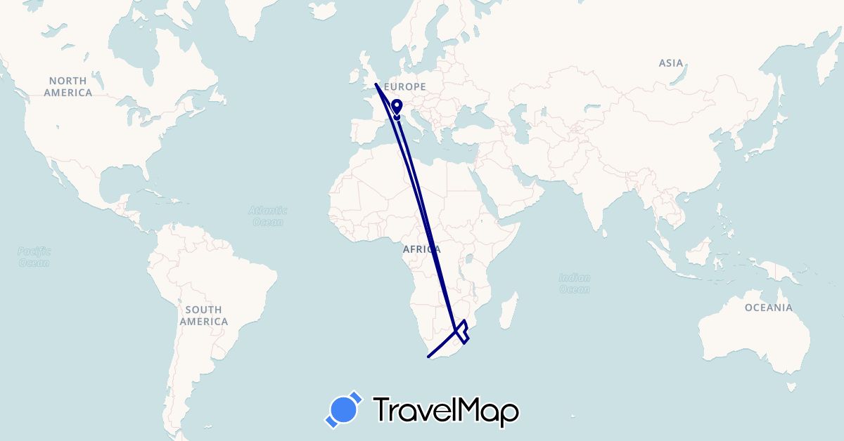 TravelMap itinerary: driving in France, United Kingdom, Swaziland, South Africa (Africa, Europe)